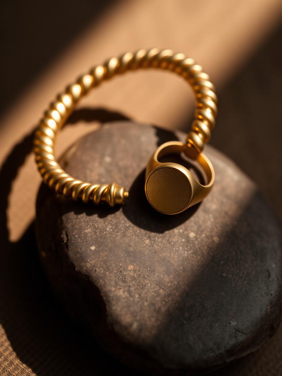 Men's gold kada and signet ring